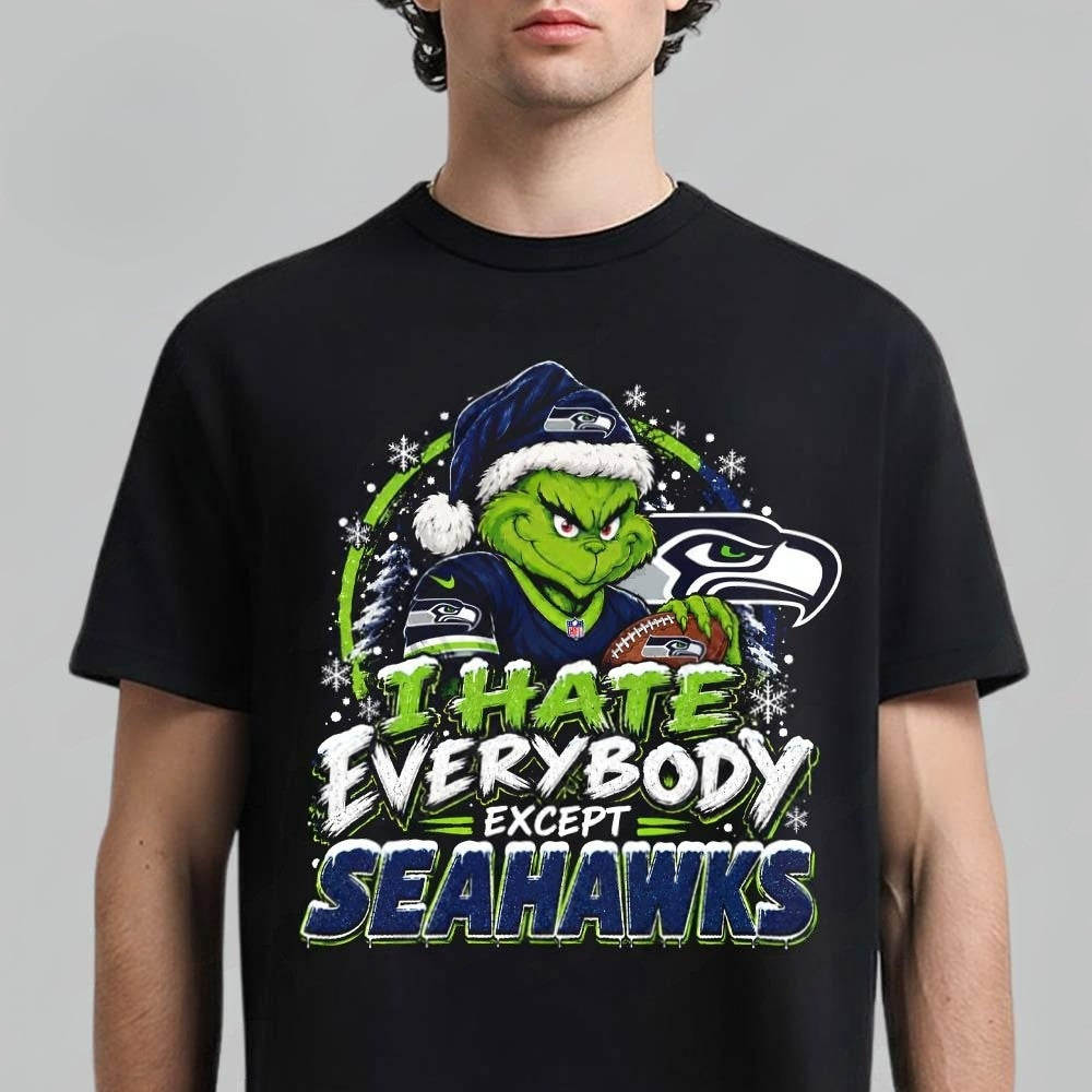 Seattle Seahawks Grinch I Hate Everybody Except Seahawks Black T-Shirt Gifts For The 12s - Foxy23shop