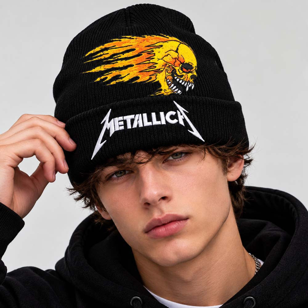 Metallica Flaming Skull Patch Cuffed Beanie Hat Metallica Merch Present For Fan - Foxy23shop