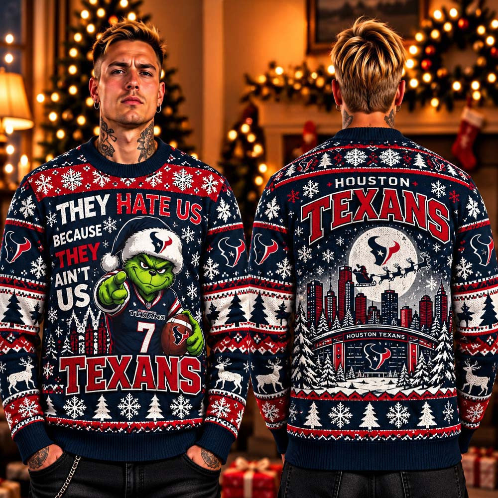 Houston Texans They Hate Us 2026 Ugly Christmas Sweater 2026 Texans Apparel Xmas Gifts For Fan - Foxy23shop