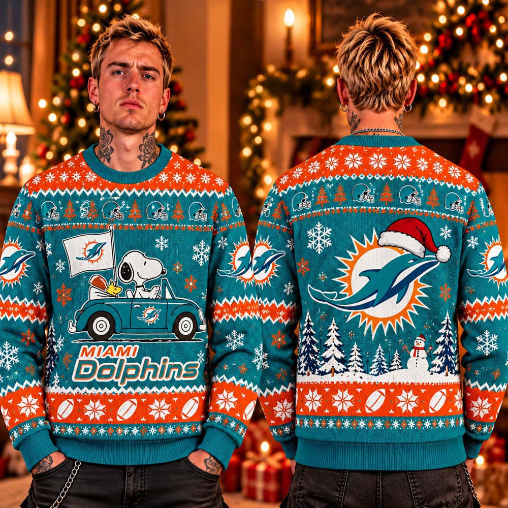 Miami Dolphins Snoopy Peanuts 2026 Christmas Ugly Sweater Xmas Gifts For DolFans - Foxy23shop