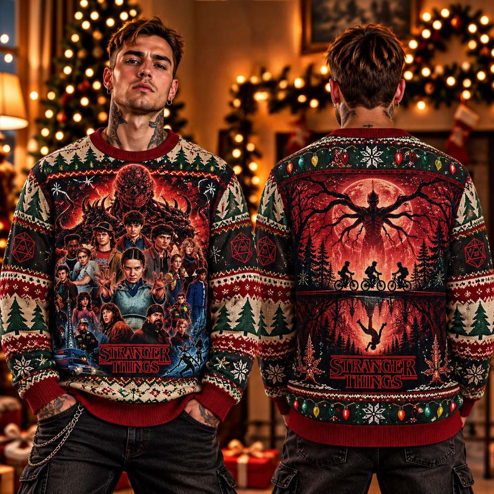 Stranger Things 5 The Last Fights All Characters Ugly Christmas Sweater Stranger Things Apparel - Foxy23shop