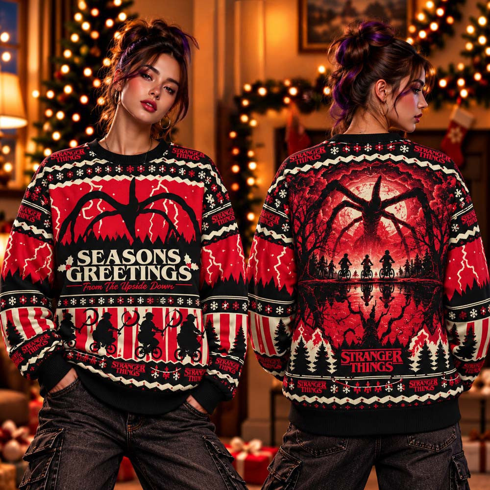 Stranger Things Seasons Greetings From The Upside Down 2026 Ugly Christmas Sweater Stranger Things Apparel - Foxy23shop