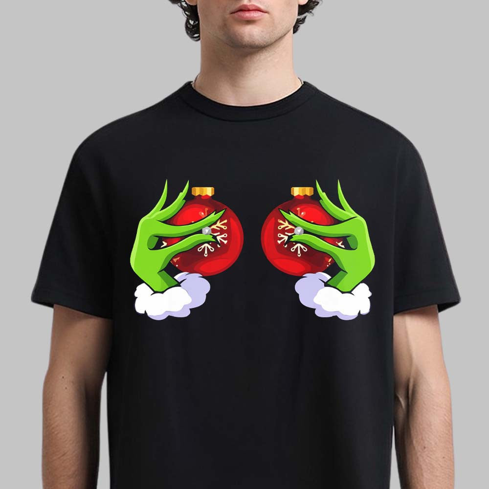 Grinch Hand On Boobs Funny Christmas 2026 Holiday T-Shirt Funny Gifts For BFF - Foxy23shop