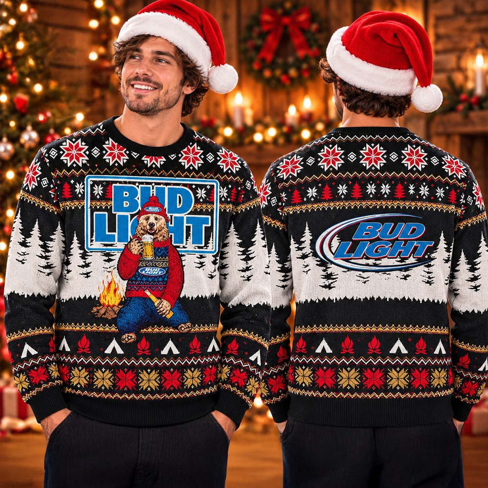 Bud Light Big Logo Bear Drinking Bud Light Funny Ugly Sweater 2026 Christmas Apparel Xmas Gifts - Foxy23shop