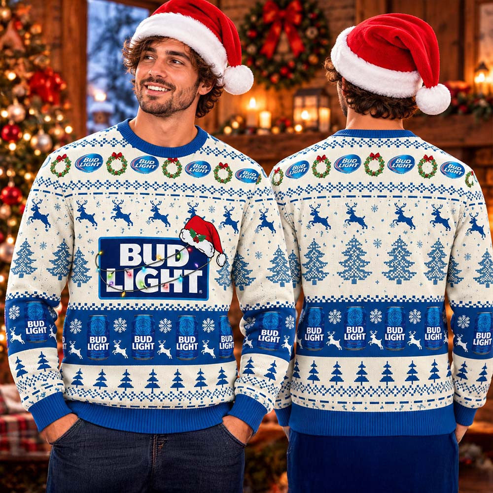 Bud Light Reindeer Snowy Night Snowflakes And Pine Tree Pattern Ugly Sweater Xmas Clothing Gifts For Brother - Foxy23shop