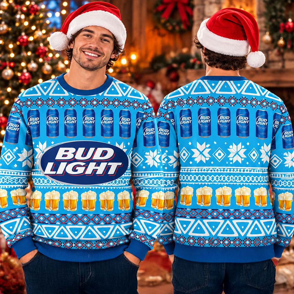 Bud Light Beer Can Pattern Blue Christmas Ugly Sweater Xmas Apparel Gifts For Beer Lover - Foxy23shop