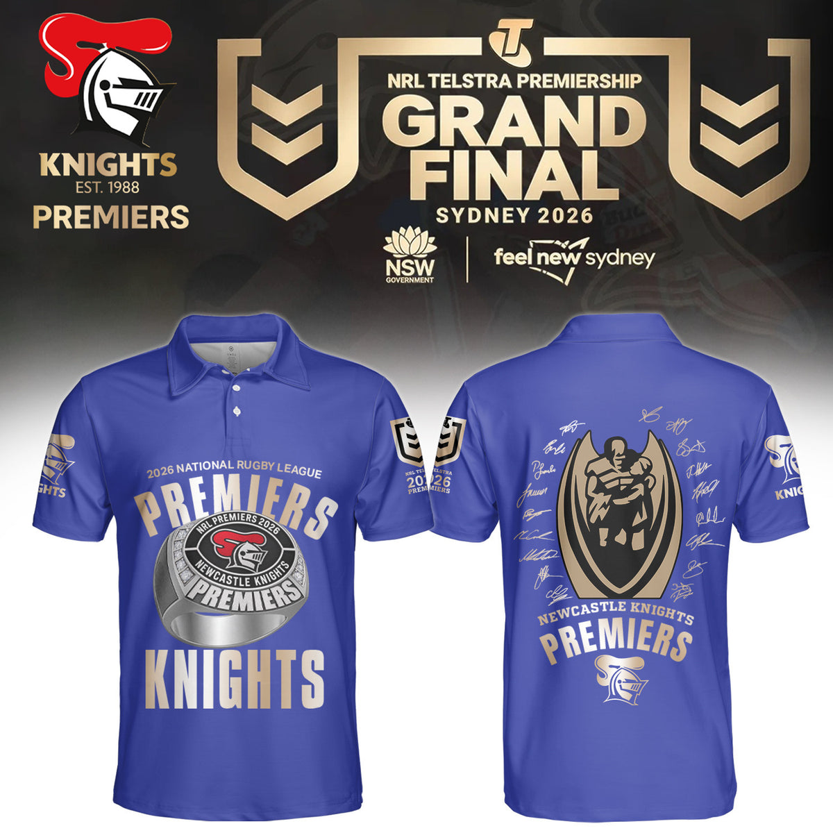 Newcastle Knights 2026 NRL Premiers Signature Polo Shirt Newcastle Knights Clothing Best Fan Gear - Foxy23shop