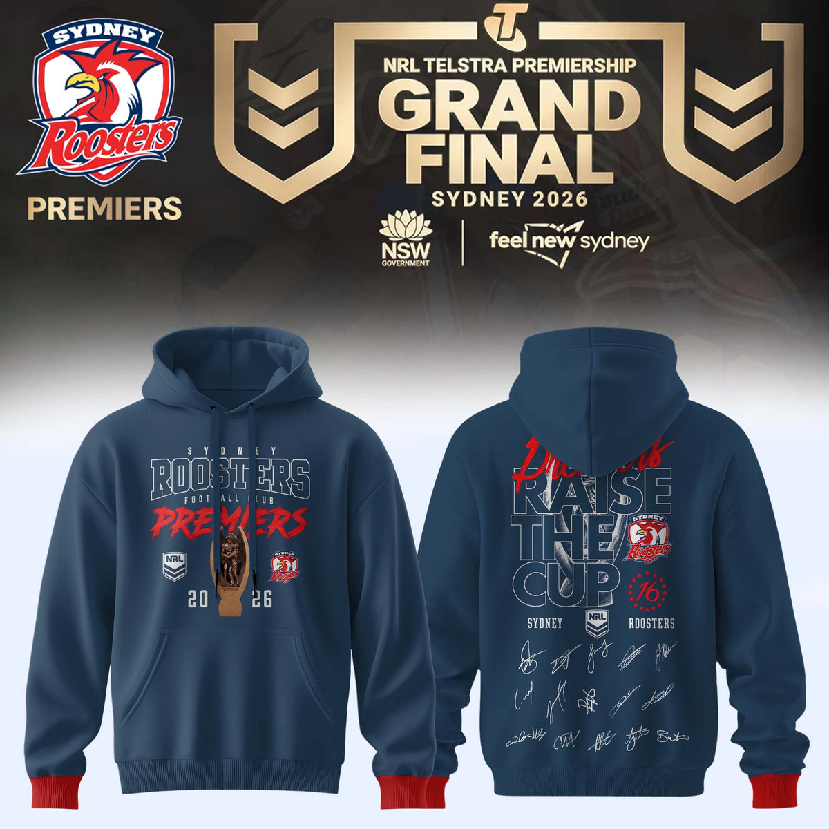 Sydney Roosters Merch 2026 NRL Premiers Signature Hoodie Sydney Roosters Hooded Sweatshirt - Foxy23shop