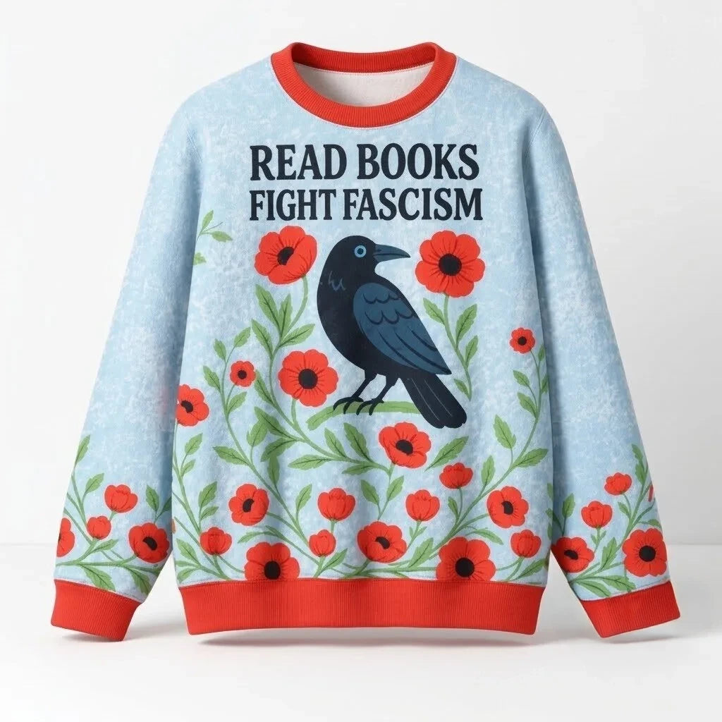 Read Books Fight Fascism Crow And Poppies Christmas Ugly Sweater Gifts For Bookish - Foxy23shop