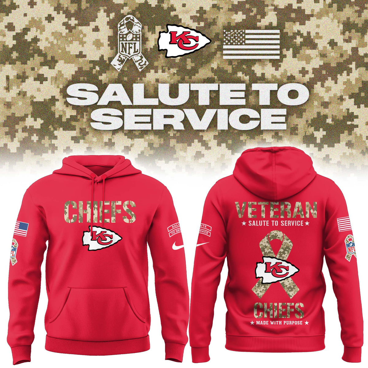 Kansas City Chiefs Merch Salute To Service Made With Purpose Hoodie Gifts For Chiefs Kingdom - Foxy23shop