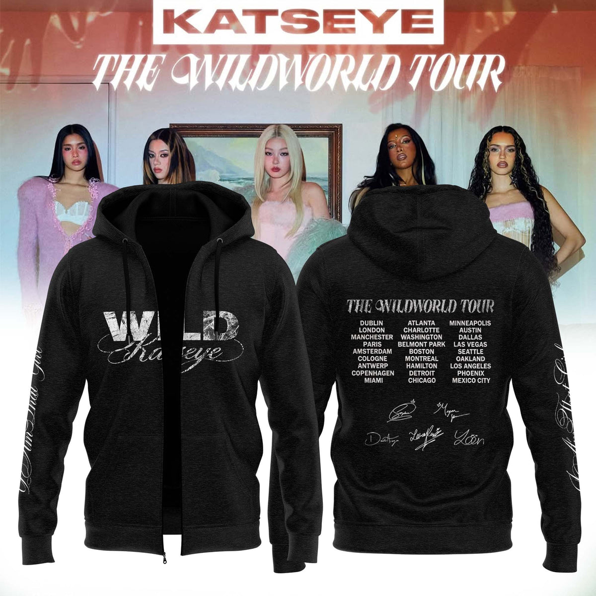 Katseye Merch The Wildworld Tour Signed Zip Hoodie Kpop Lover Presents - Foxy23shop