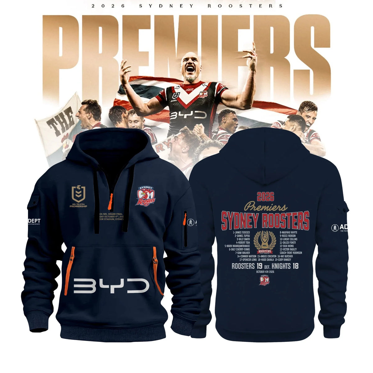 Sydney Roosters NRL Premiers 2026 Half Zip Hoodie Sydney Roosters Hooded Sweatshirt - Foxy23shop