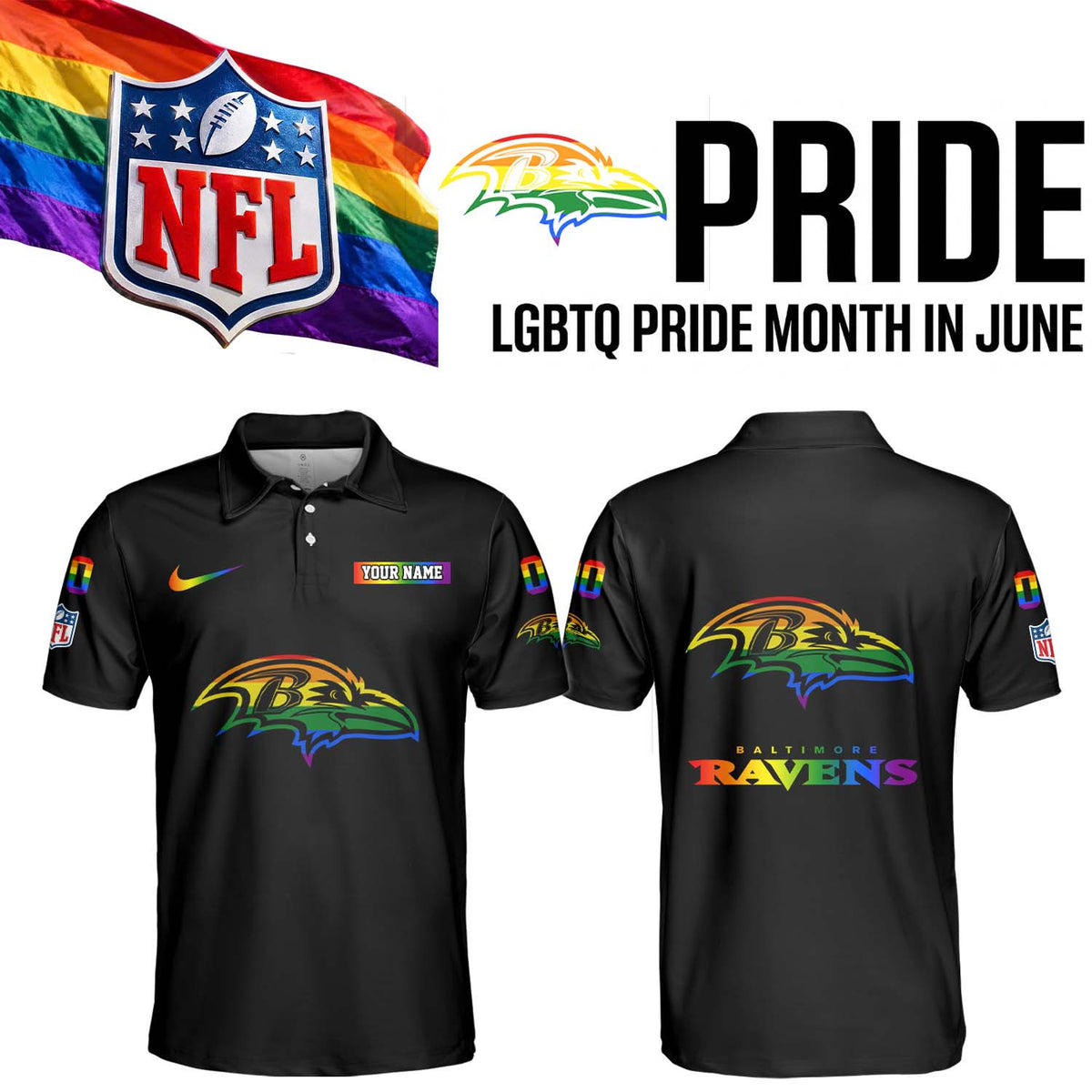 Custom Baltimore Ravens Merch LGBTQ Pride Month Polo Shirt Presents Idea For Ravens Flock - Foxy23shop