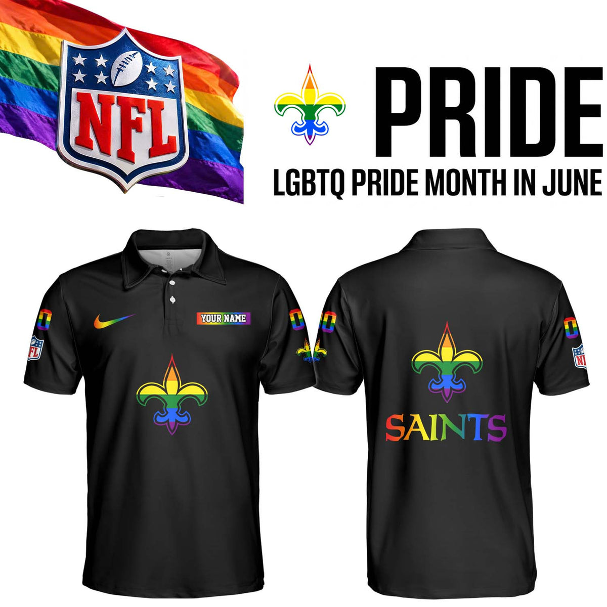 Custom New Orleans Saints Merch LGBTQ Pride Month Polo Shirt Presents For Who Dat Nation - Foxy23shop