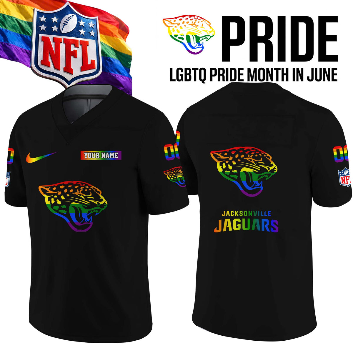 Custom Jacksonville Jaguars Merch LGBTQ Pride Month Jersey Football Fan Gear - Foxy23shop