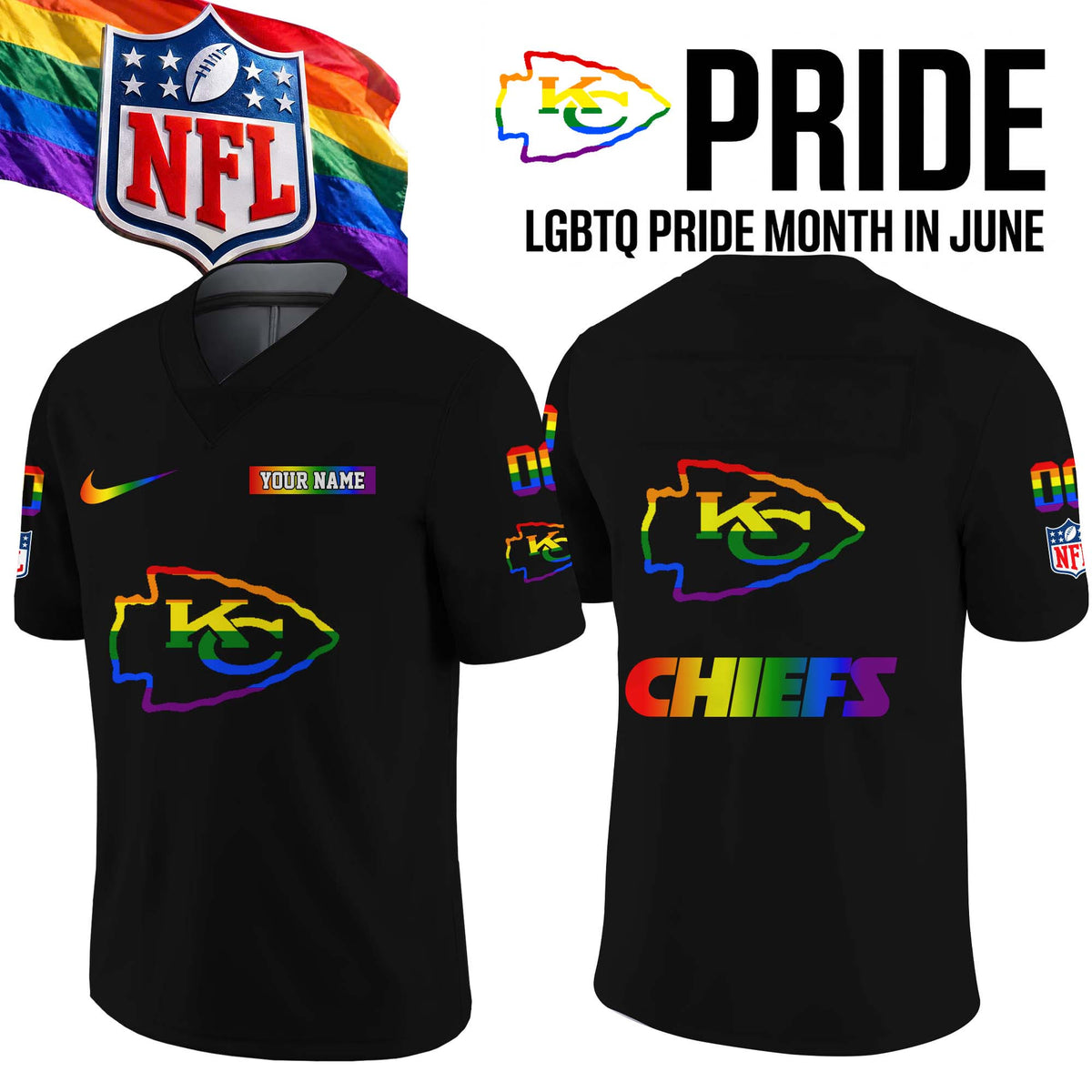 Personalized Kansas City Chiefs Merch LGBTQ Pride Month Jersey Presents For Chiefs Kingdom - Foxy23shop