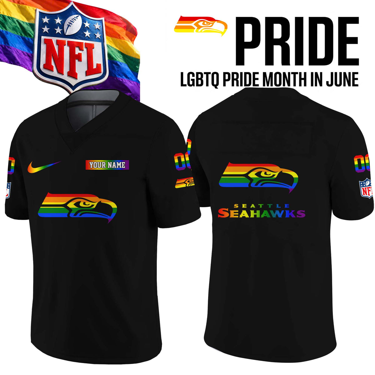 Personalized Seattle Seahawks Merch LGBTQ Pride Month Jersey Presents For The 12s - Foxy23shop