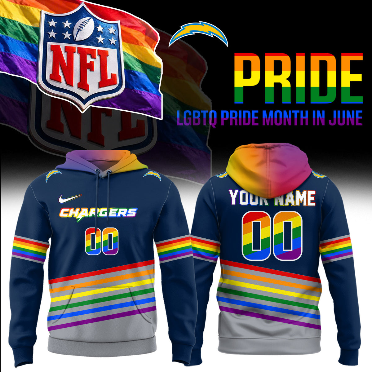 Custom Los Angeles Chargers Merch LGBTQ Pride Month Hoodie Unique Gifts For Football Lover - Foxy23shop