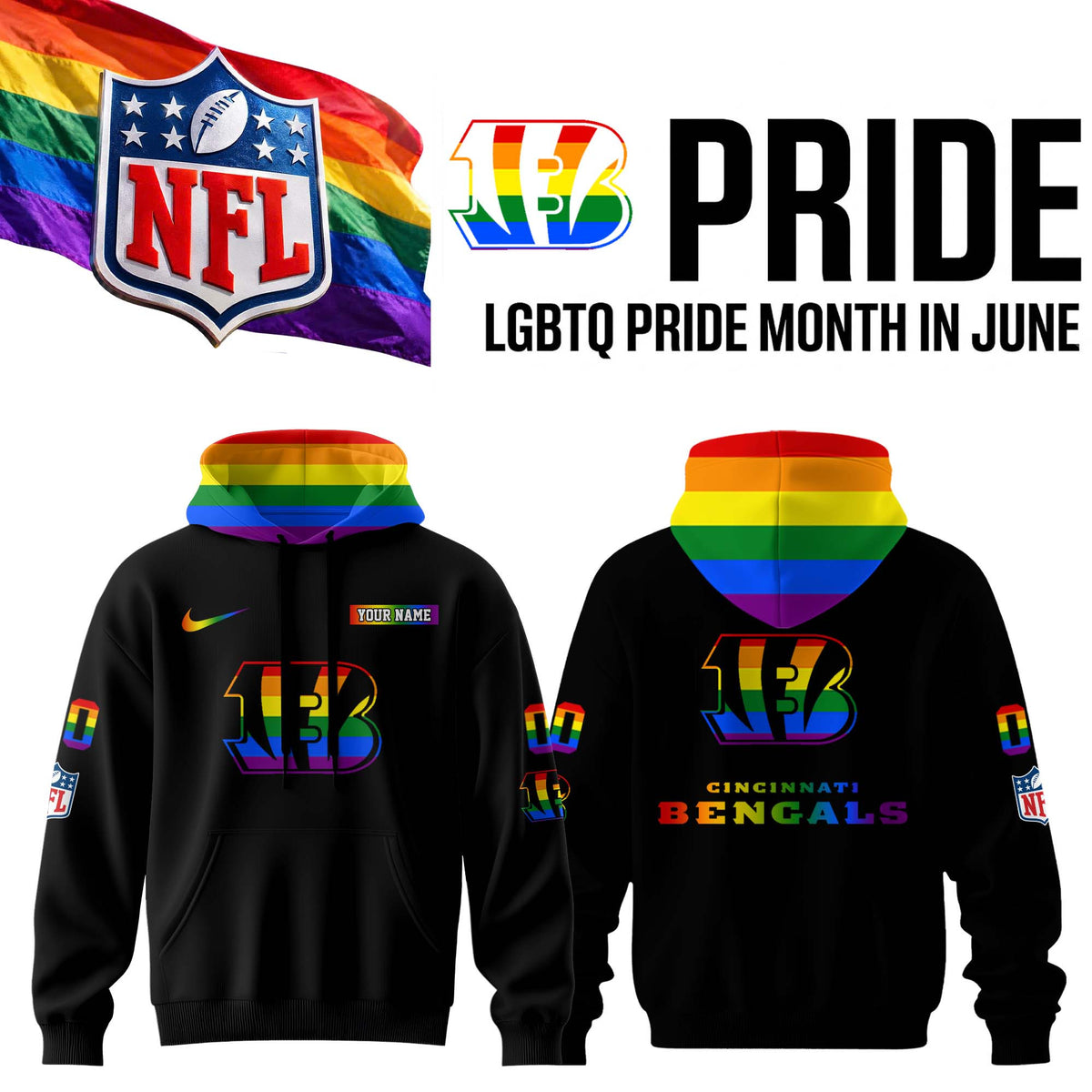 Personalized Cincinnati Bengals Merch LGBTQ Pride Month Hoodie Best Fan Gears - Foxy23shop