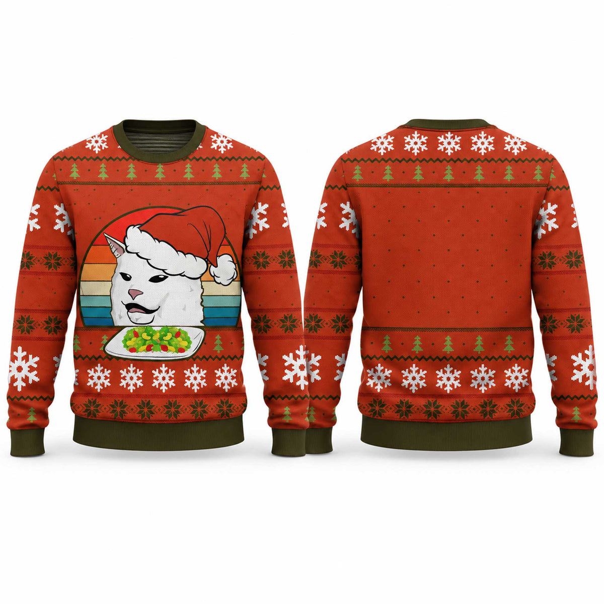 Christmas White Cat Eating Salad Meme Ugly Sweater Funny Christmas Apparel Gifts For Cat Lovers - Foxy23shop