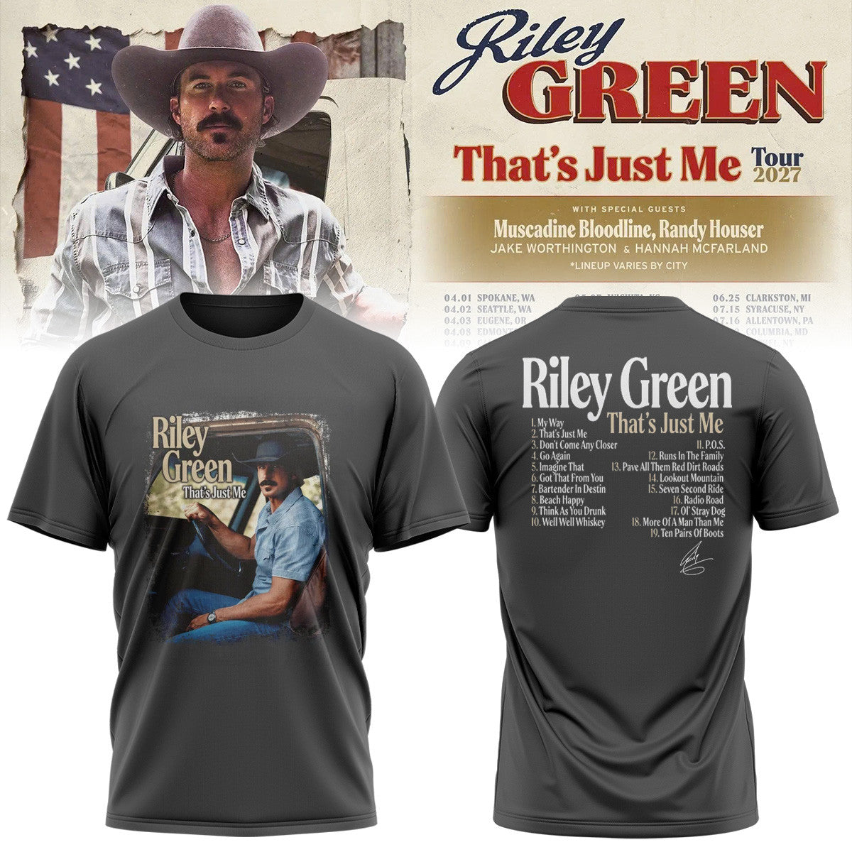 Riley Green That's Just Me Tour 2026 Signed T-Shirt Riley Green Concert Outfits Country Lover Gifts - Foxy23shop