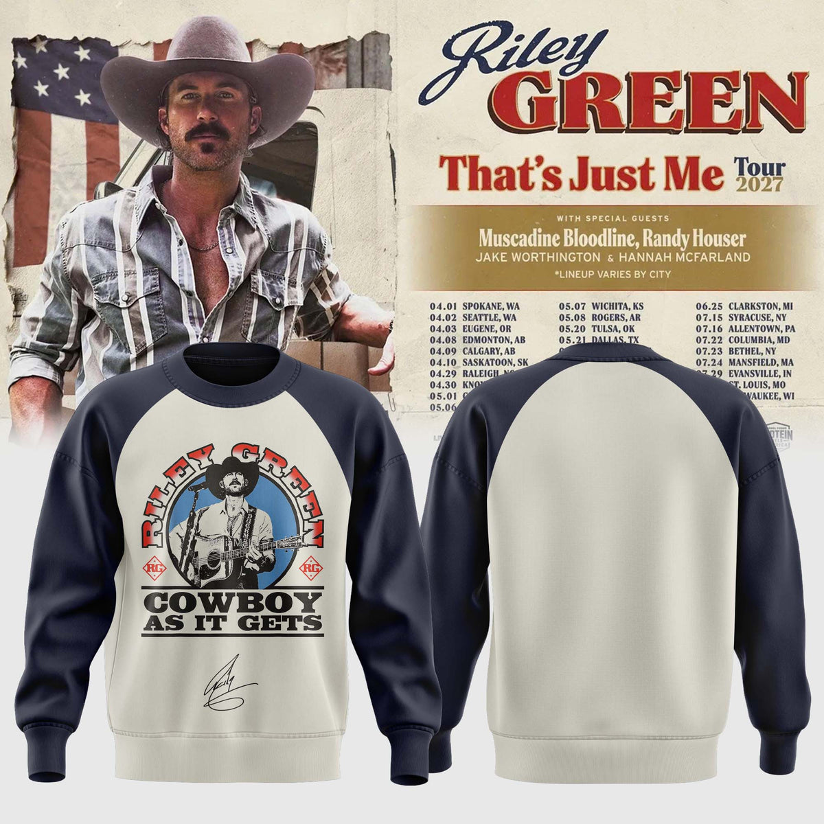Riley Green That's Just Me Tour 2026 Sweatshirt Riley Green Apparel - Foxy23shop