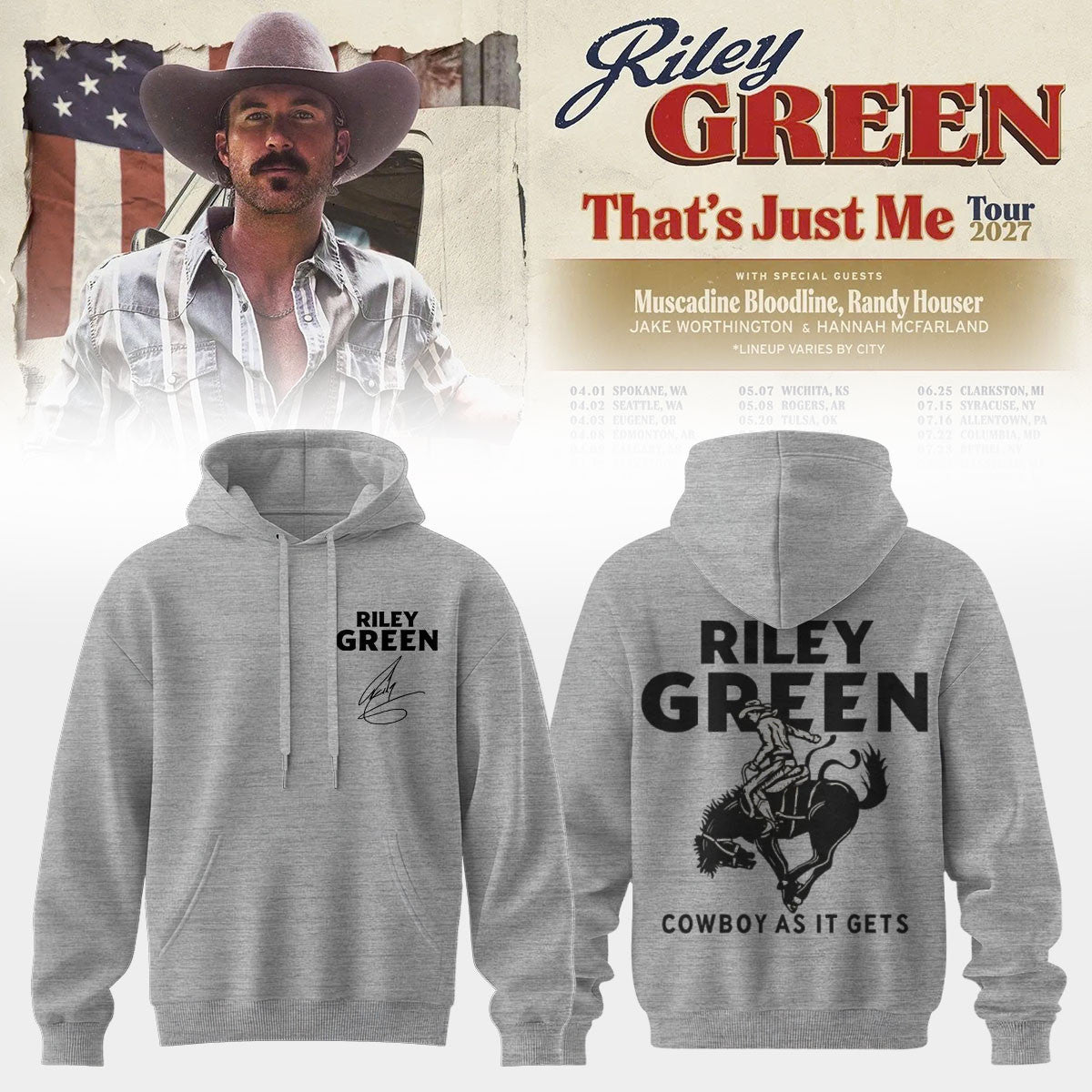 Riley Green That's Just Me Tour 2026 Signed Hoodie Riley Green Apparel Presents For Fans - Foxy23shop