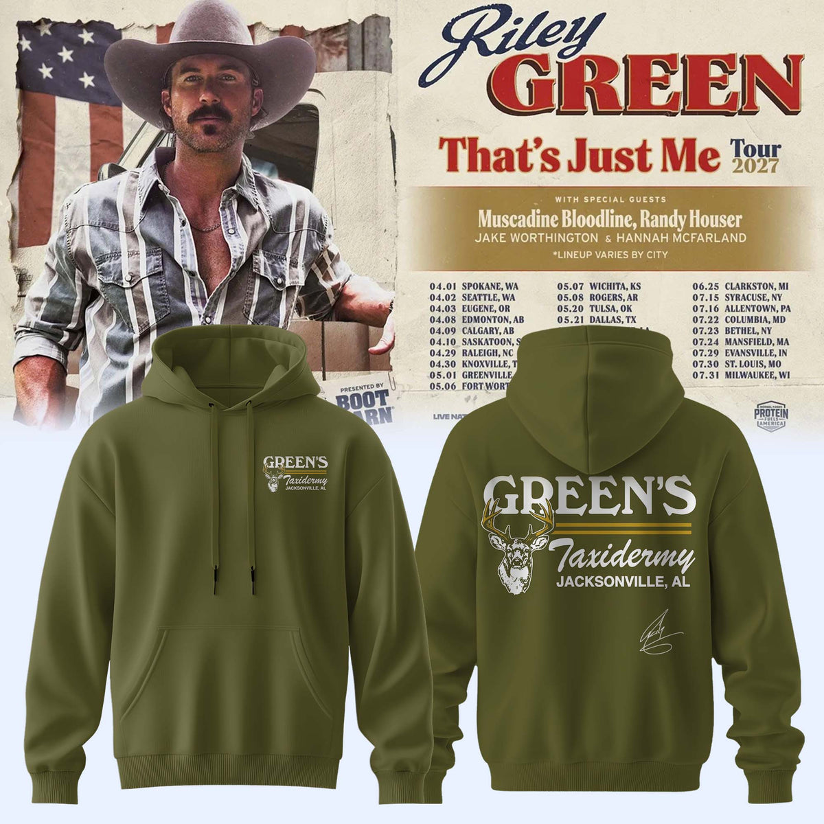 Riley Green That's Just Me Tour 2026 Signed Hoodie Riley Green Hooded Sweatshirt Fan Gifts - Foxy23shop