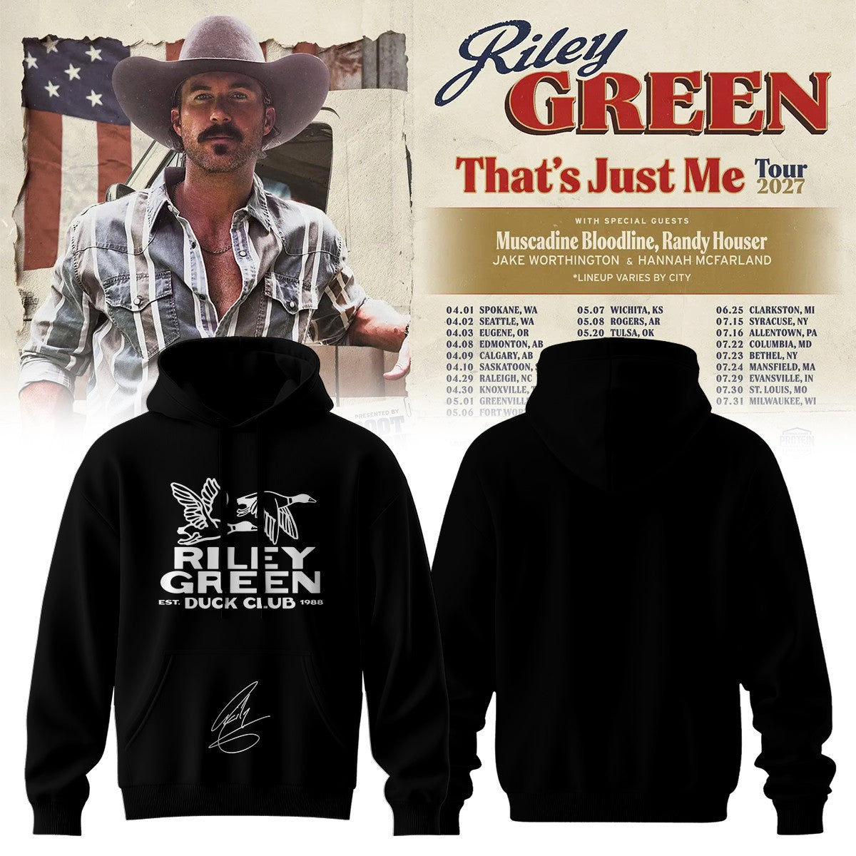 Riley Green That's Just Me Tour 2026 Signed Hoodie Riley Green Hooded Sweatshirt - Foxy23shop