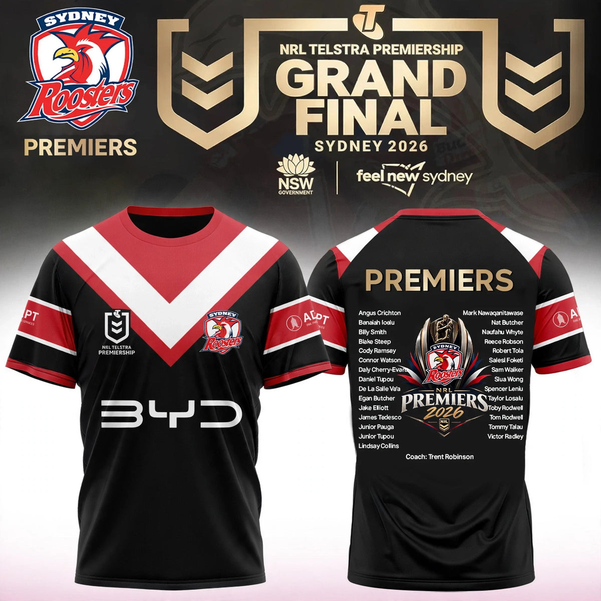 Sydney Roosters 2026 NRL Premiers Signed T-Shirt Sydney Roosters Merch Fan Gear - Foxy23shop