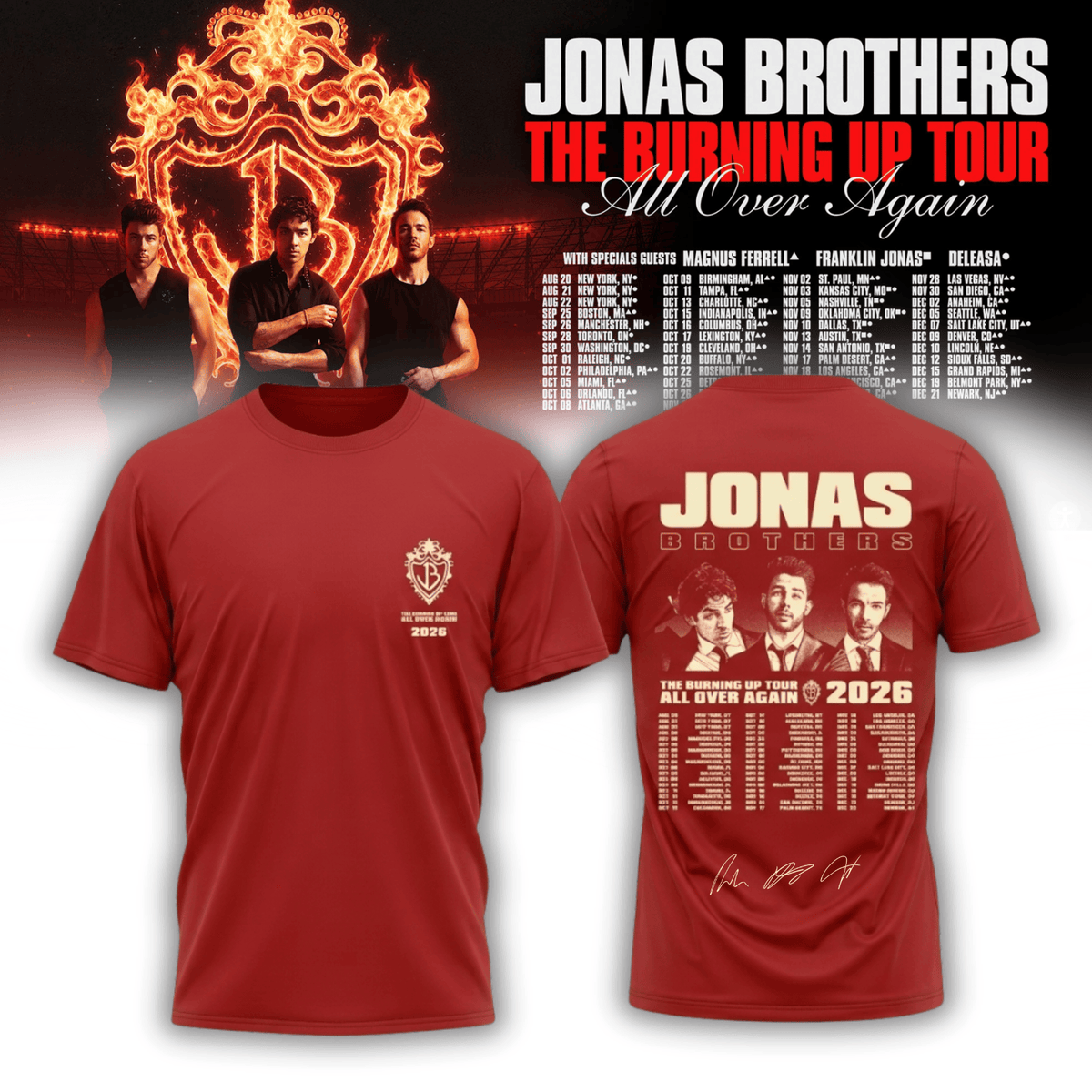 Jonas Brothers Merch The Burning Up Tour All Over Again 2026 Signed T-Shirt Gifts For Fans - Foxy23shop
