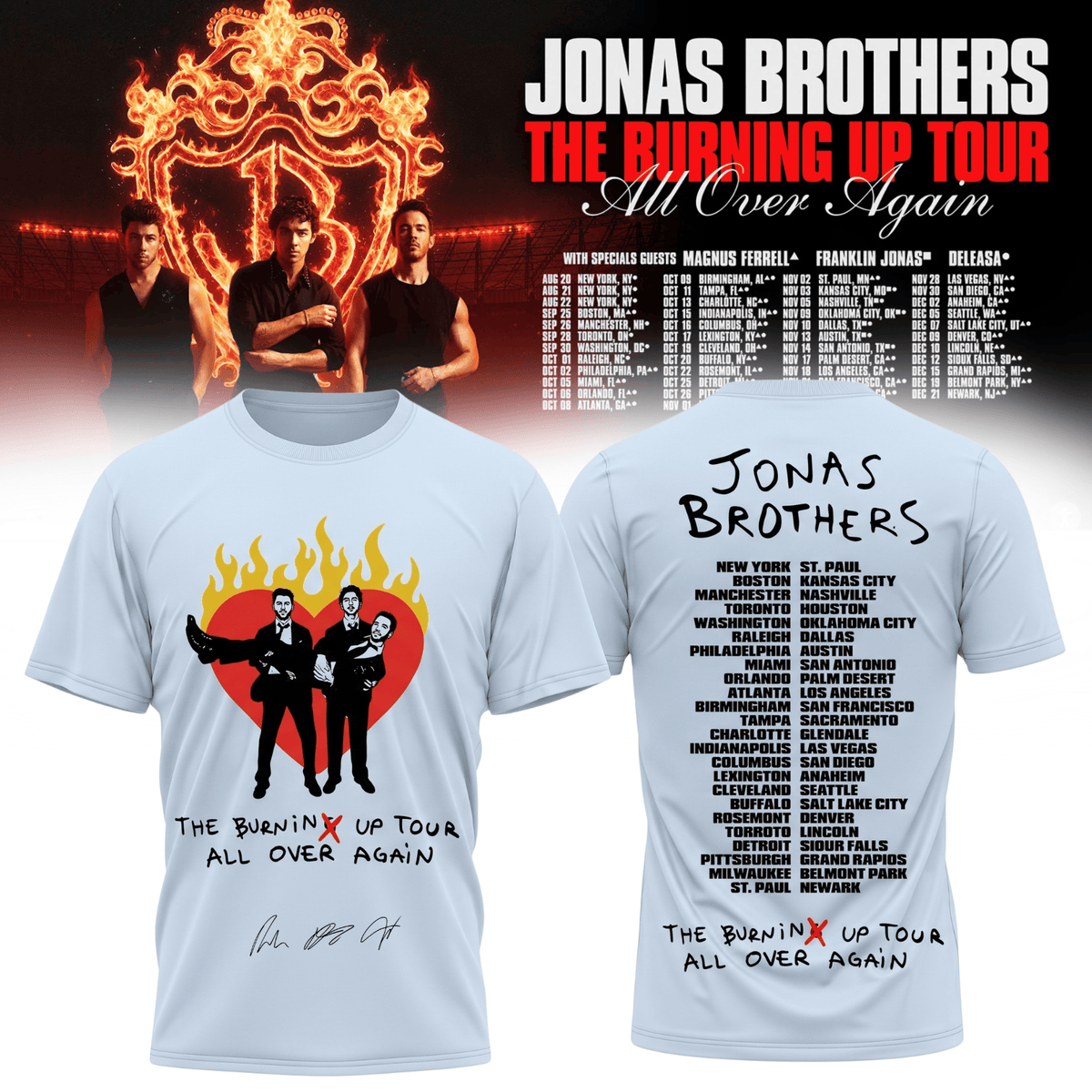 Jonas Brothers Merch The Burning Up Tour All Over Again 2026 T-Shirt Unique Fan Gifts - Foxy23shop