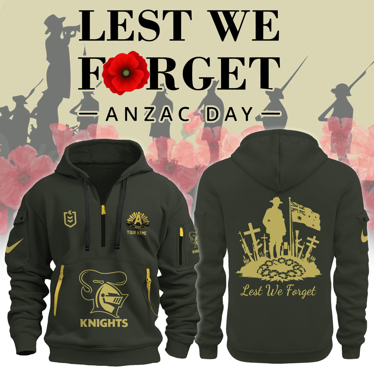 Custom Lest We Forget Quarter Zip Hoodie Newcastle Knights Match Clothing Gift For Friends - Foxy23shop