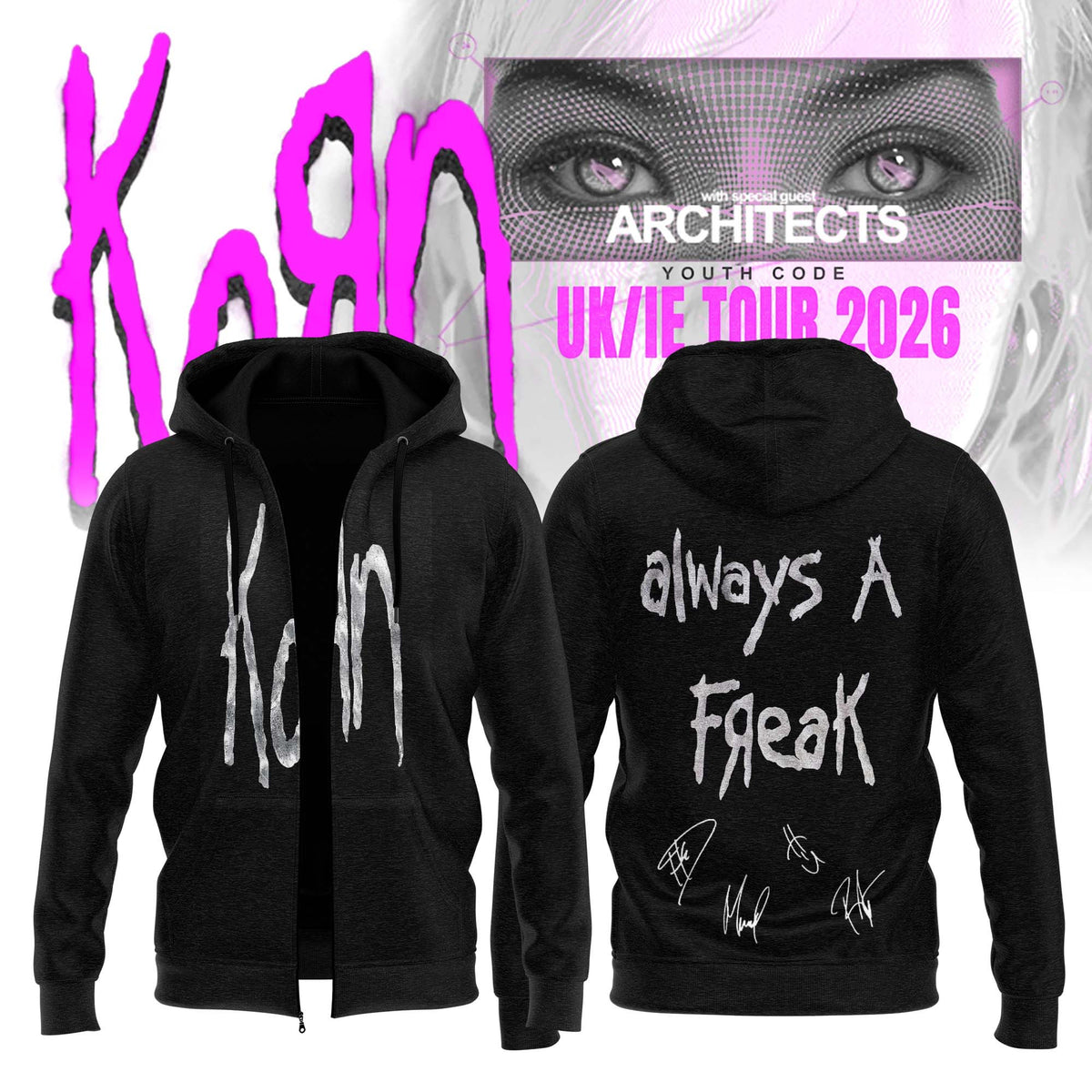 Korn Merch UK IE Tour 2026 Signed Zip Hoodie Korn Hooded Sweatshirt Fan Gifts - Foxy23shop