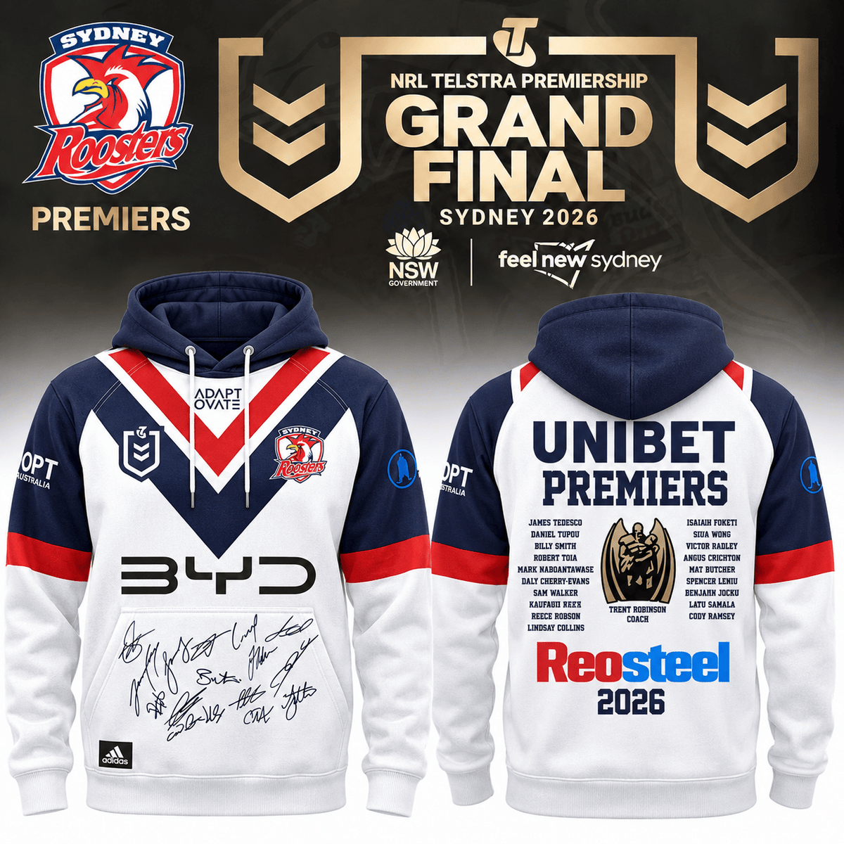 Sydney Roosters 2026 NRL Premiers Signed Hoodie Sydney Roosters Apparel Rugby Fan Gear - Foxy23shop