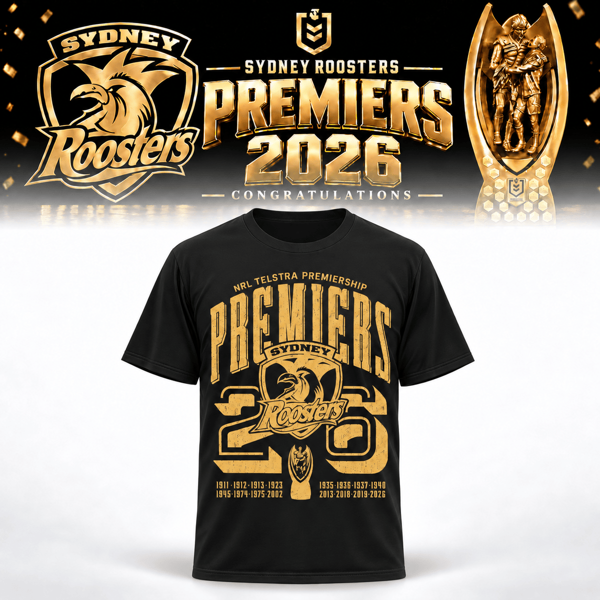 Sydney Roosters Premiers 2026 T-Shirt Roosters Merch Unique Gifts For Football Lovers - Foxy23shop