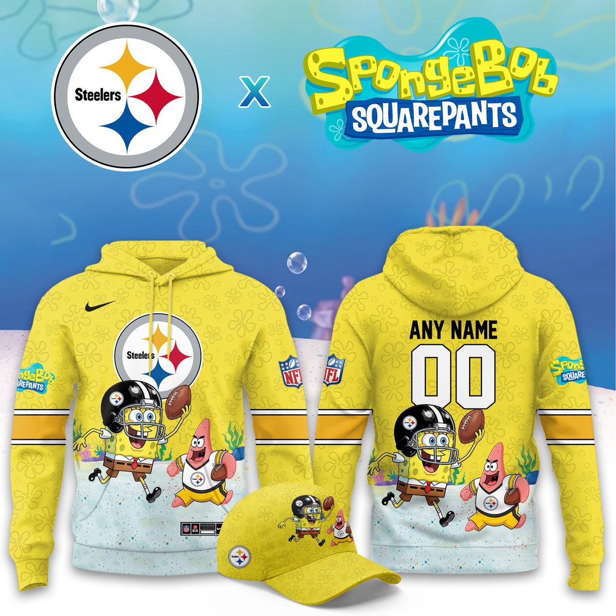 Custom Pittsburgh Steelers x Spongebob Squarepants Hoodie Pittsburgh Steelers Merch Fan Gear - Foxy23shop