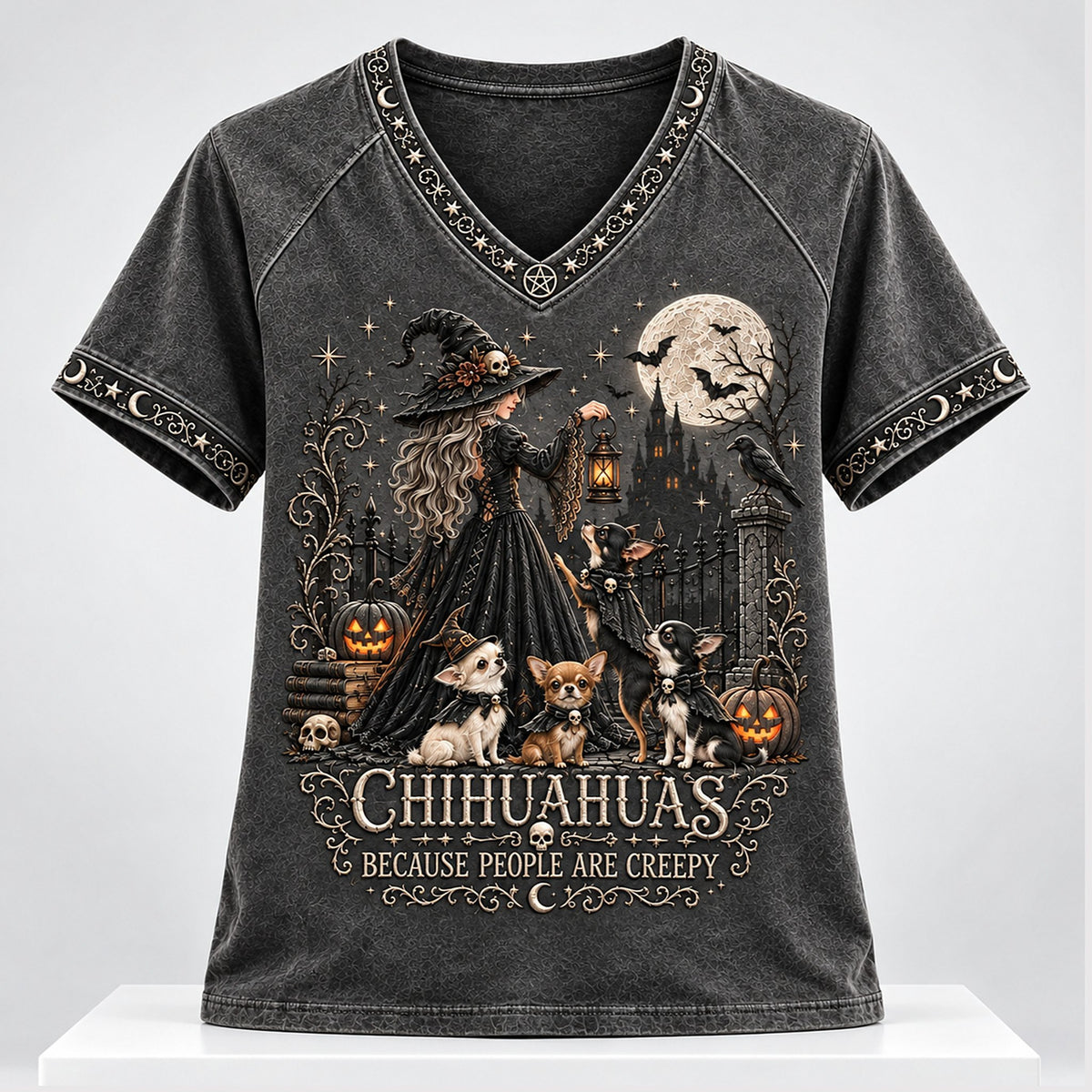 Chihuahuas Because People Are Creepy Halloween 2026 V-Neck Shirt Halloween Merch Gifts For Besties - Foxy23shop