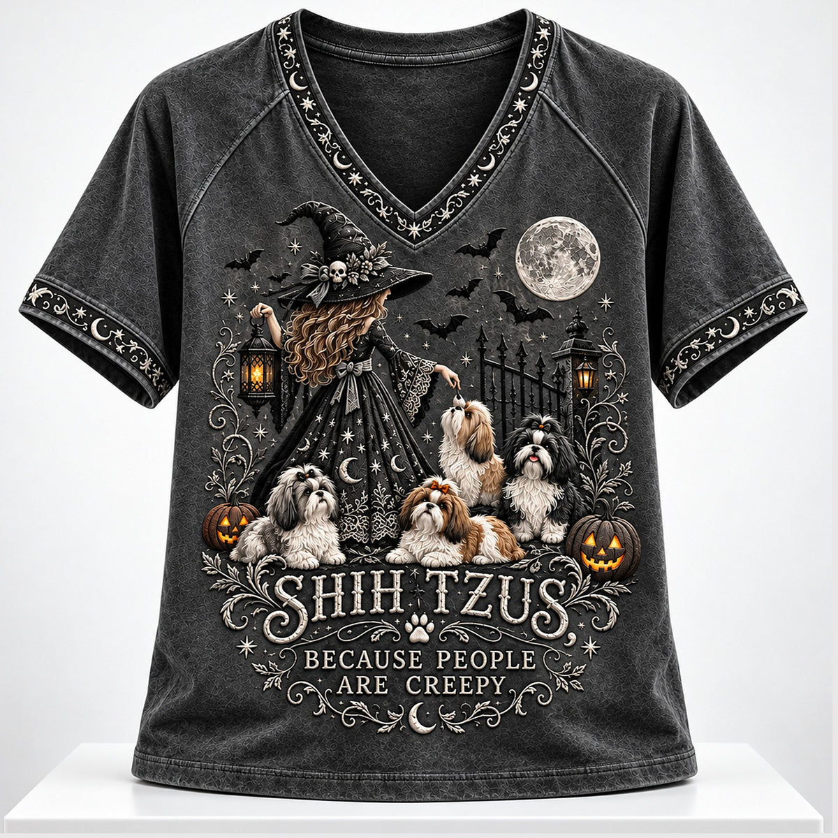 Shih Tzus Because People Are Creepy Halloween 2026 V-Neck Shirt Halloween Gifts For Sister - Foxy23shop