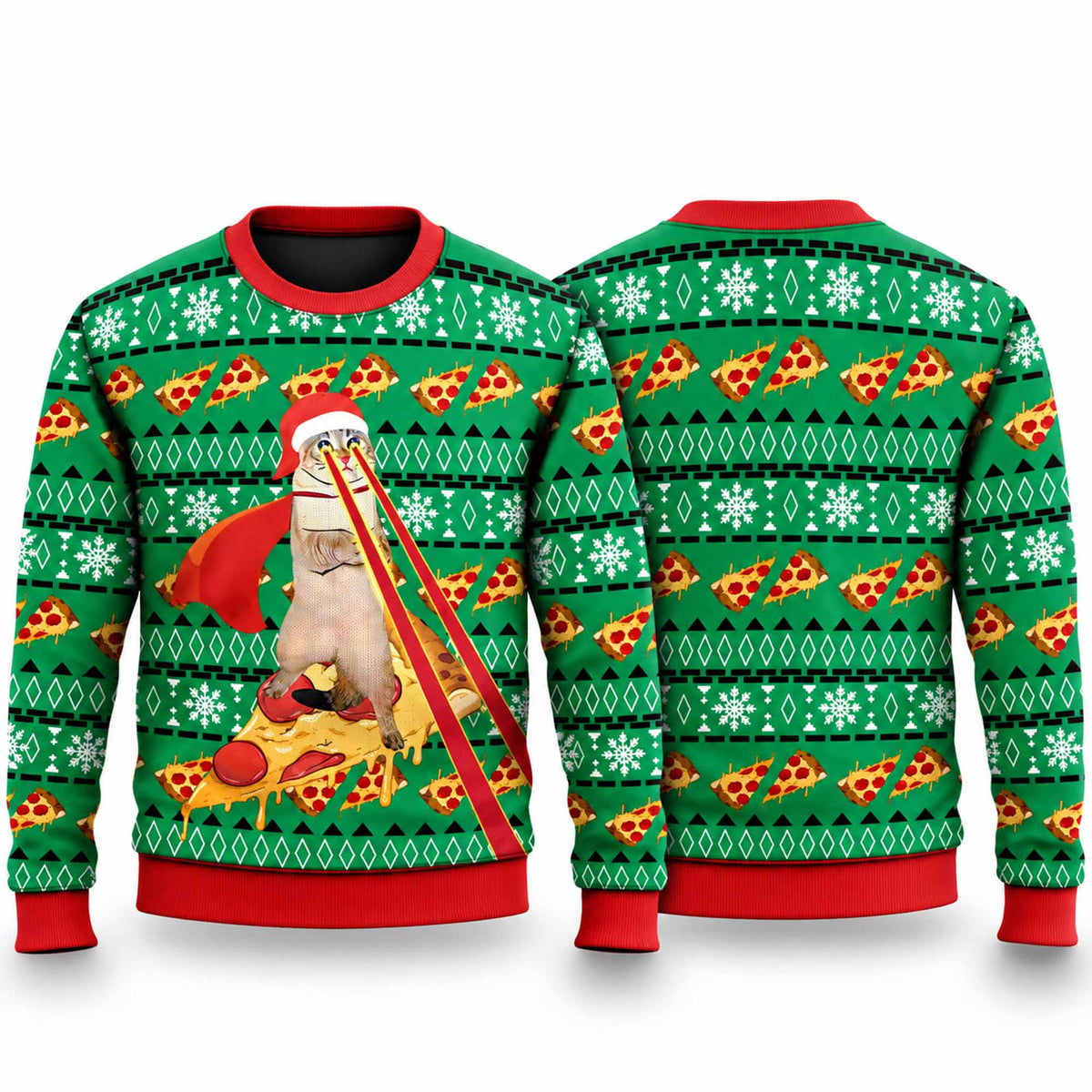 Christmas Super Cat Riding Pizza Ugly Sweater Funny Xmas Clothing Cat Lover Gifts - Foxy23shop