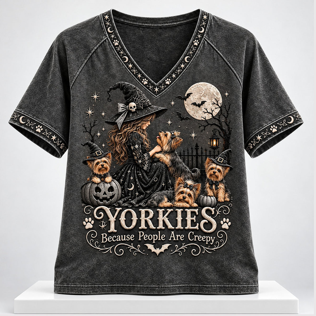 Yorkies Because People Are Creepy Halloween 2026 V-Neck Shirt Halloween Clothing Gift For Bff - Foxy23shop