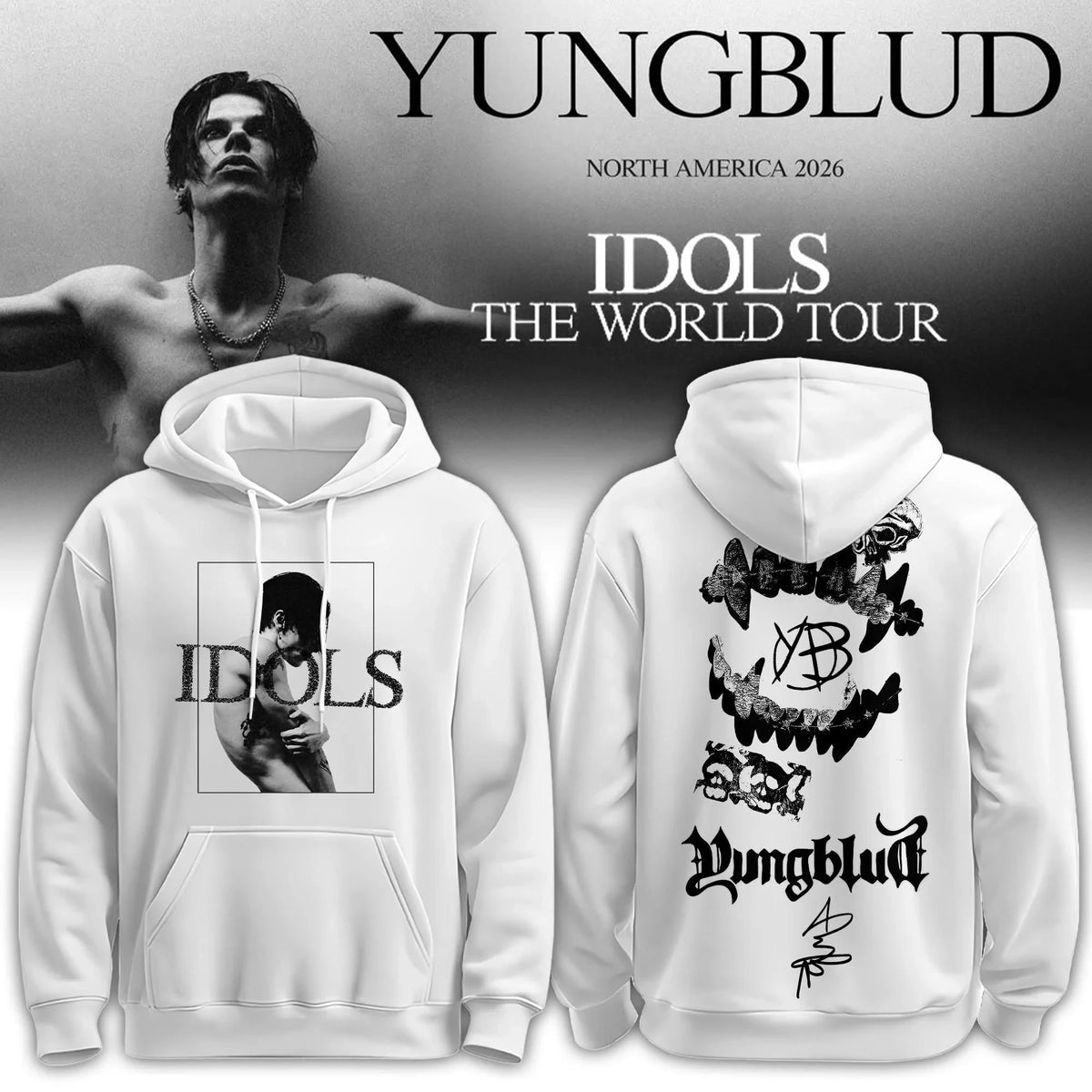 Yungblud Merch Idols World Tour 2026 White Hoodie Best Black Hearts Club Gifts - Foxy23shop