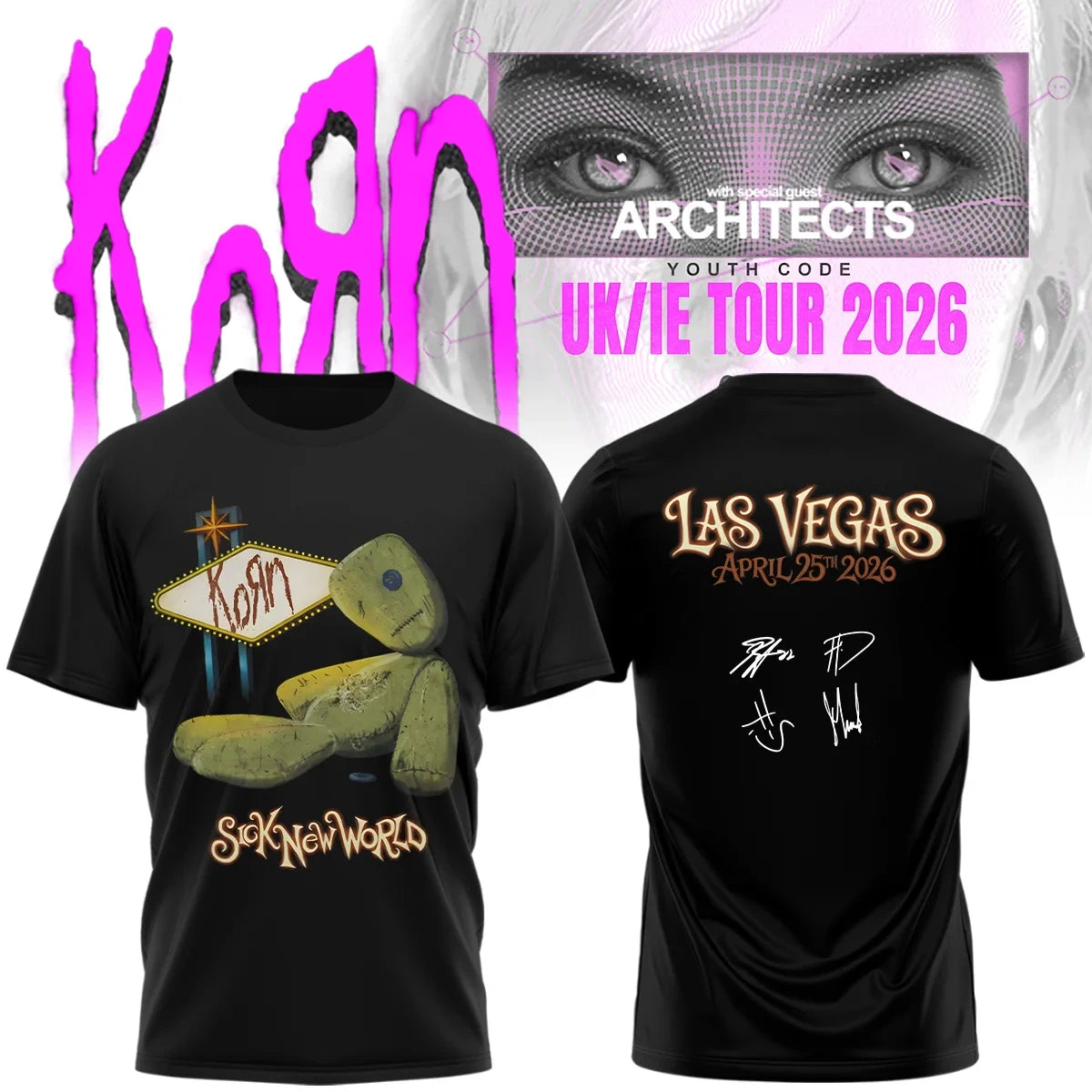 Korn x Sick New World Merch Uk Ie Tour 2026 Signed Black T-Shirt Gift Ideas For Korn Lovers - Foxy23shop