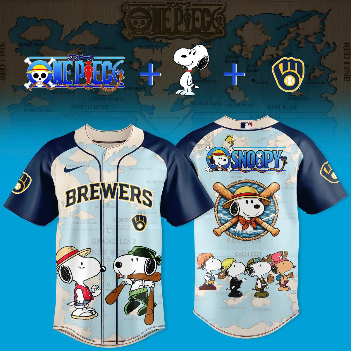 Milwaukee Brewers X Snoopy X One Piece 2026 Jersey Gifts For Snoopy Lovers - Foxy23shop