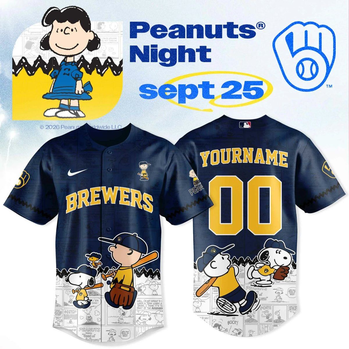 Custom Milwaukee Brewers X Peanuts Night 2026 Jersey Milwaukee Brewers Clothing Gifts For Fans - Foxy23shop