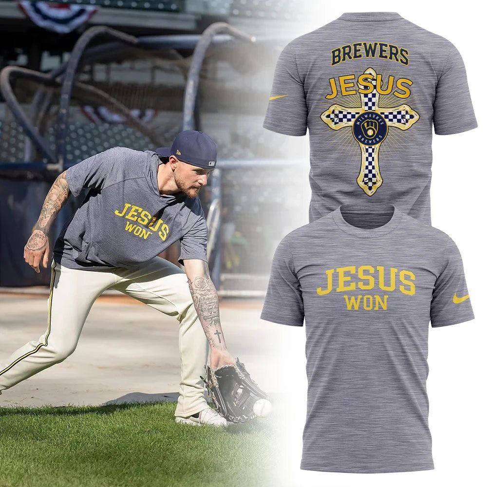 Milwaukee Brewers JESUS WON Thank You Jesus T-Shirt Baseball Gifts For Christians - Foxy23shop