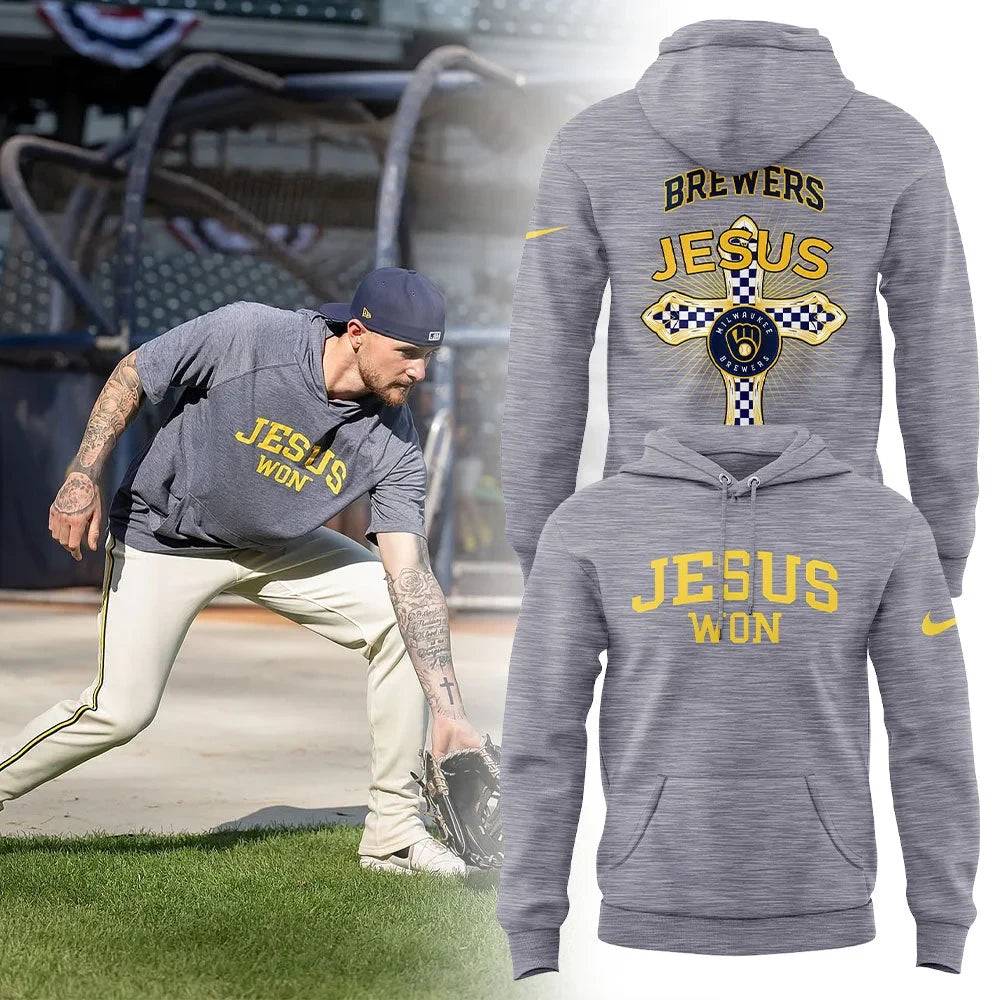 Milwaukee Brewers JESUS WON Thank You Jesus Hoodie Milwaukee Brewers Apparel Gifts For Christians - Foxy23shop