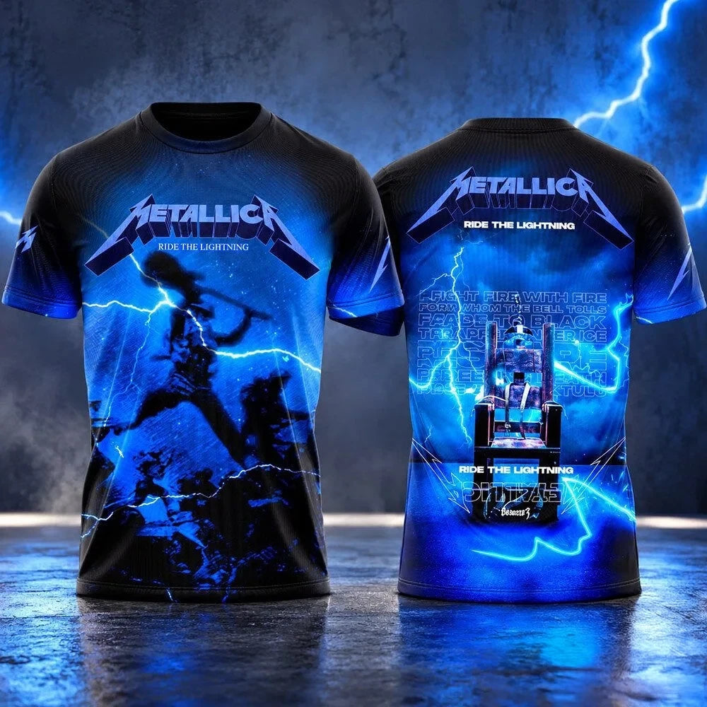 Metallica Ride The Lightning Blue Electric Guitar Graphic T-Shirt Presents For Metallica Fans - Foxy23shop