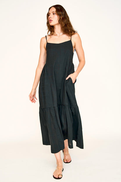 Black cotton maxi dress on a hanger in store