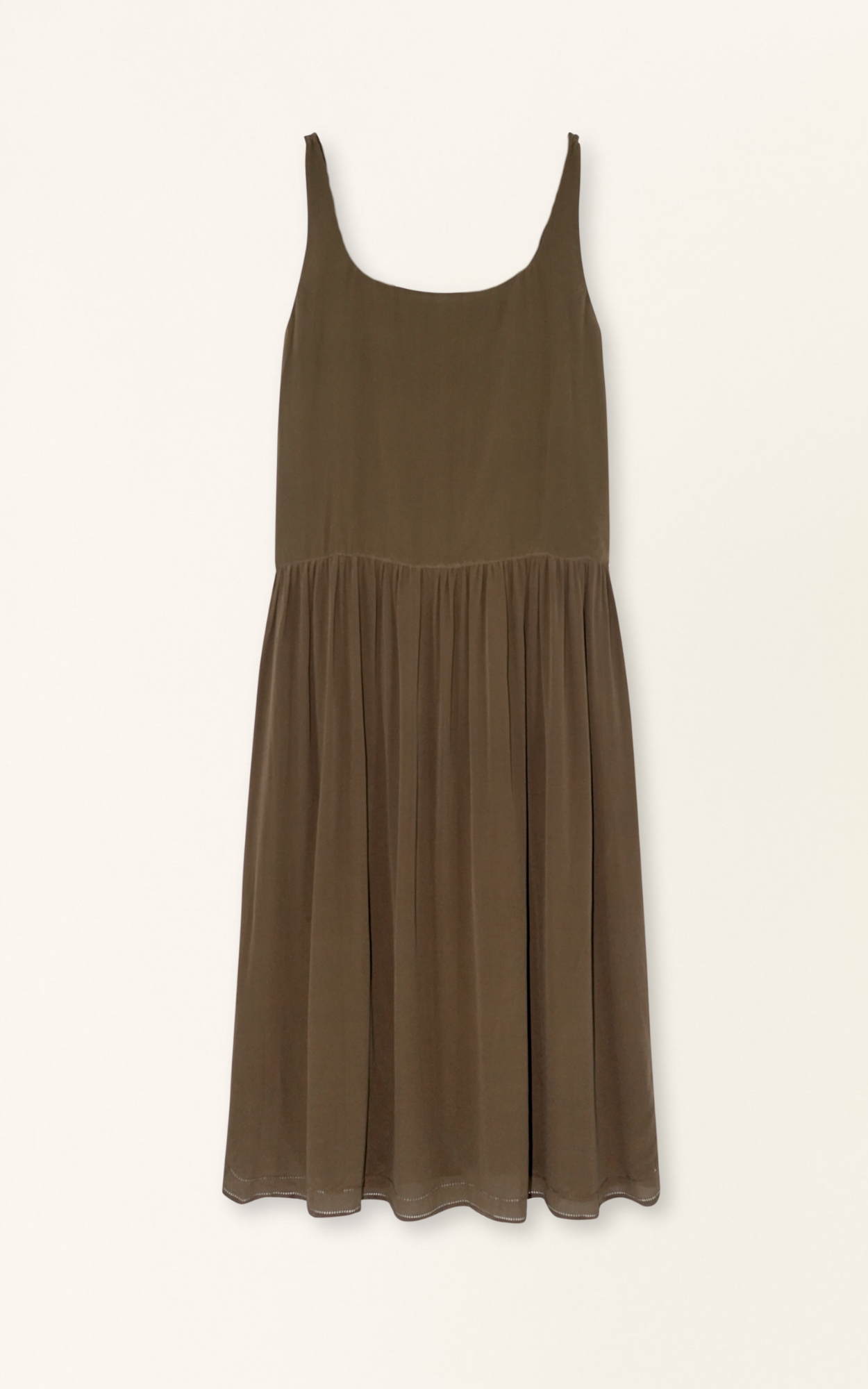 Brown silk midi dress on a hanger in store